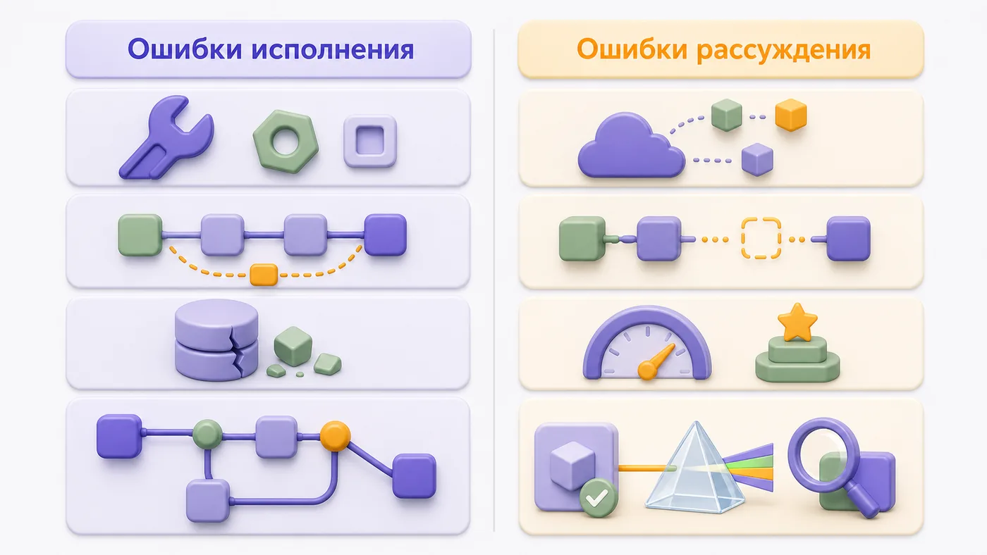 Шесть режимов отказа AI-агента, разделённых на ошибки исполнения и ошибки рассуждения