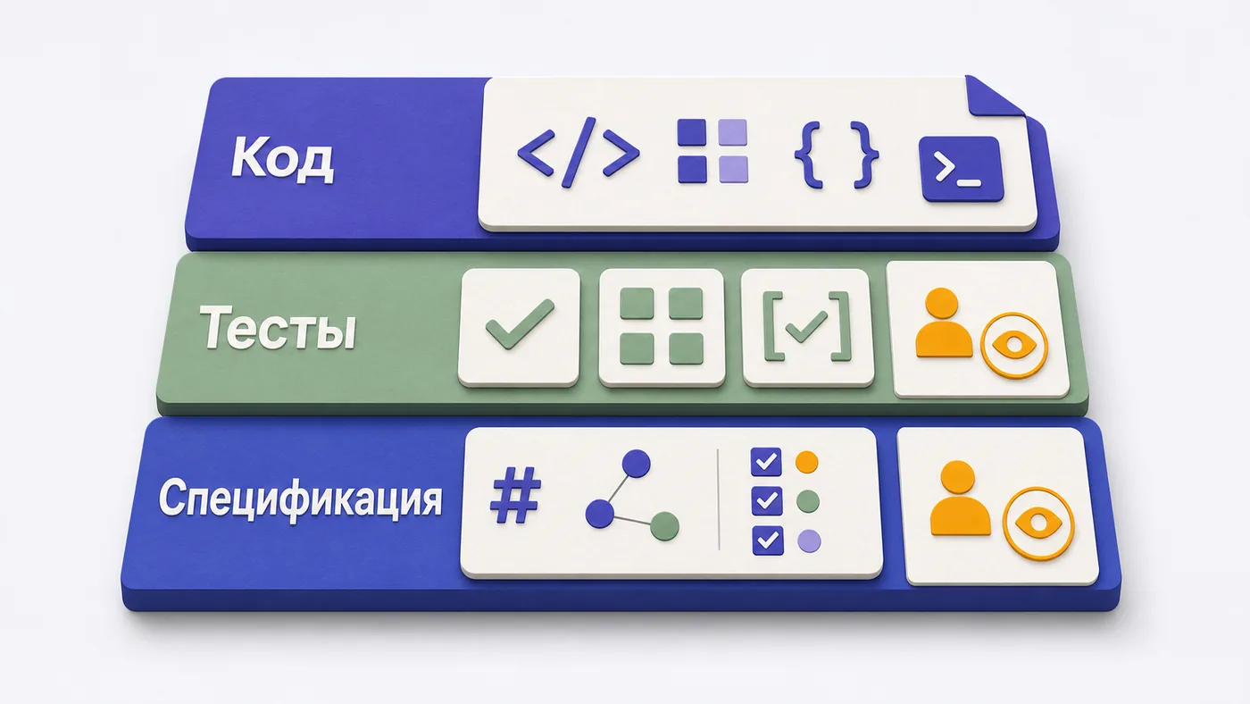 Три слоя Spec-Driven Development: спецификация → тесты → код, с точками проверки человеком на первых двух