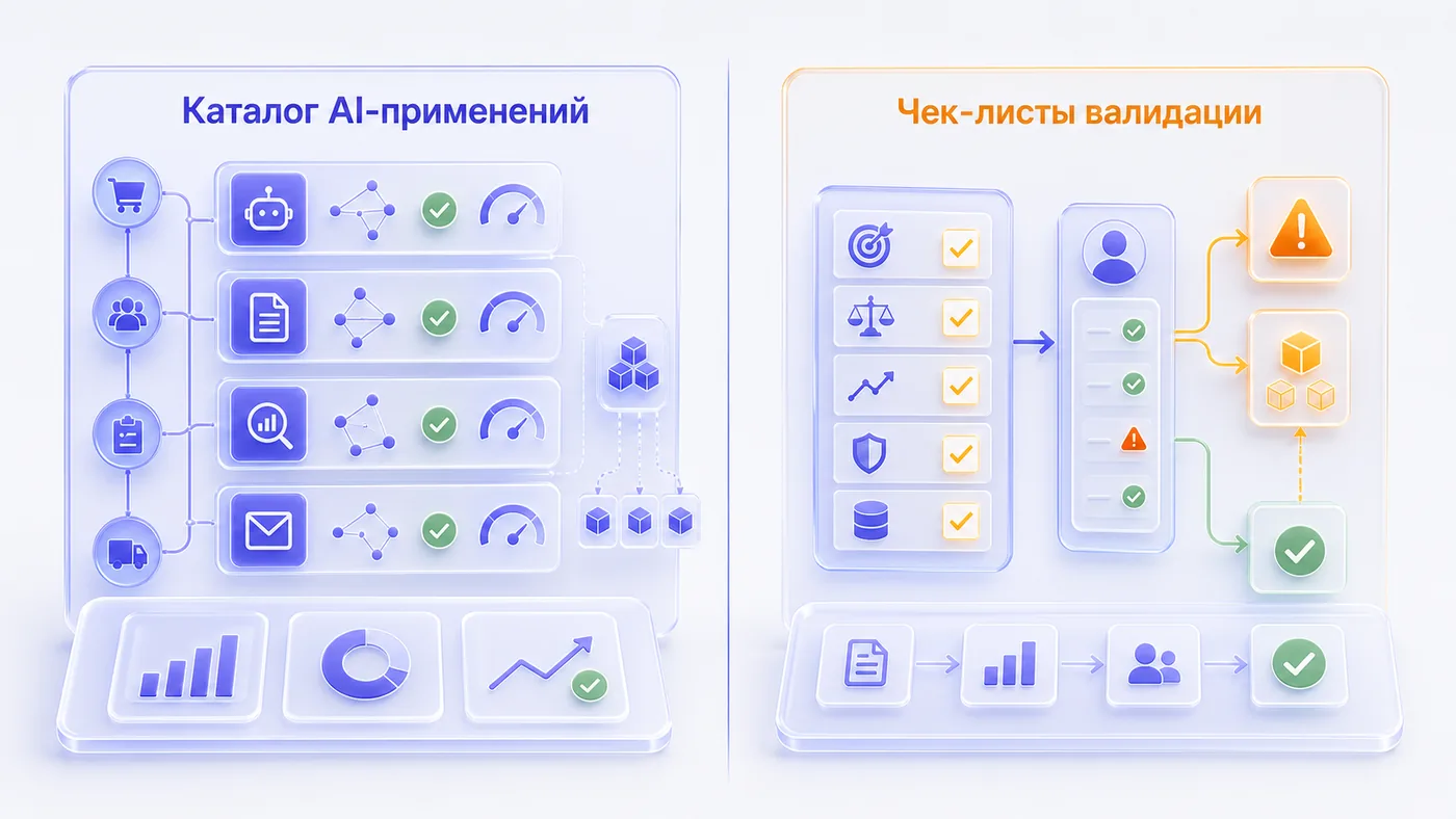 Два конкретных инструмента PMO как операционный минимум: слева — реестр AI-применений по процессам (что, где, с каким…