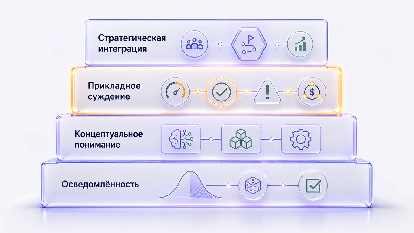 Третий уровень - прикладное суждение - реалистичная и достаточная цель для топ-менеджера, не требующая глубокого…